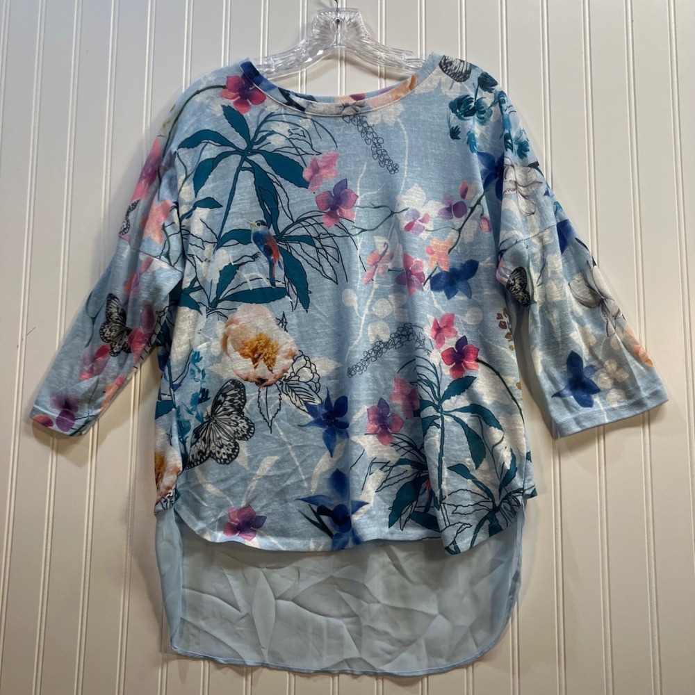 Milan Kiss Blue Floral Bird Butterfly Split Back High Low Top‎ XL Turkey